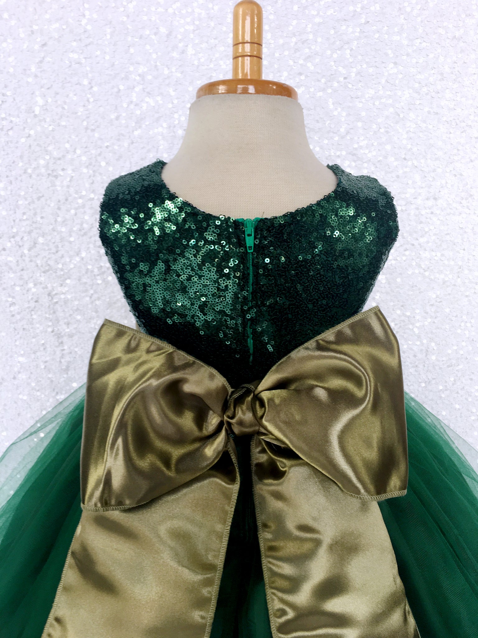 Hunter Green Sequence 2 Layer Tulle Dress Olive Satin Sash Velvet Flower