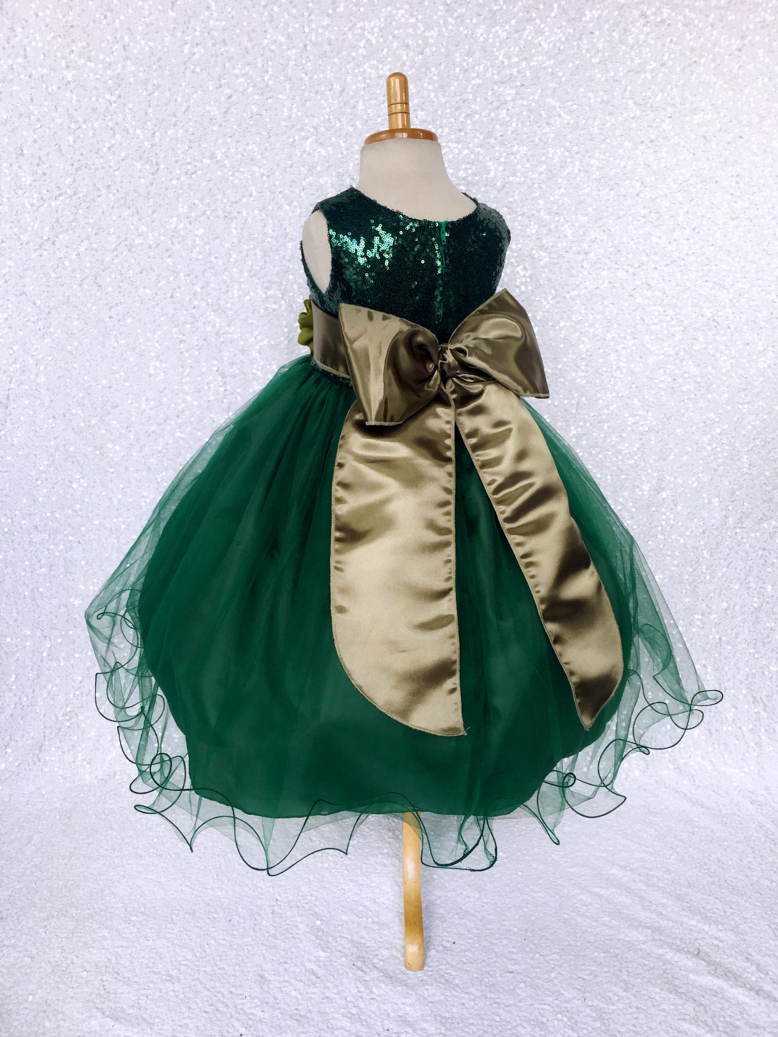 Hunter Green Sequence 2 Layer Tulle Dress Olive Satin Sash Velvet Flower
