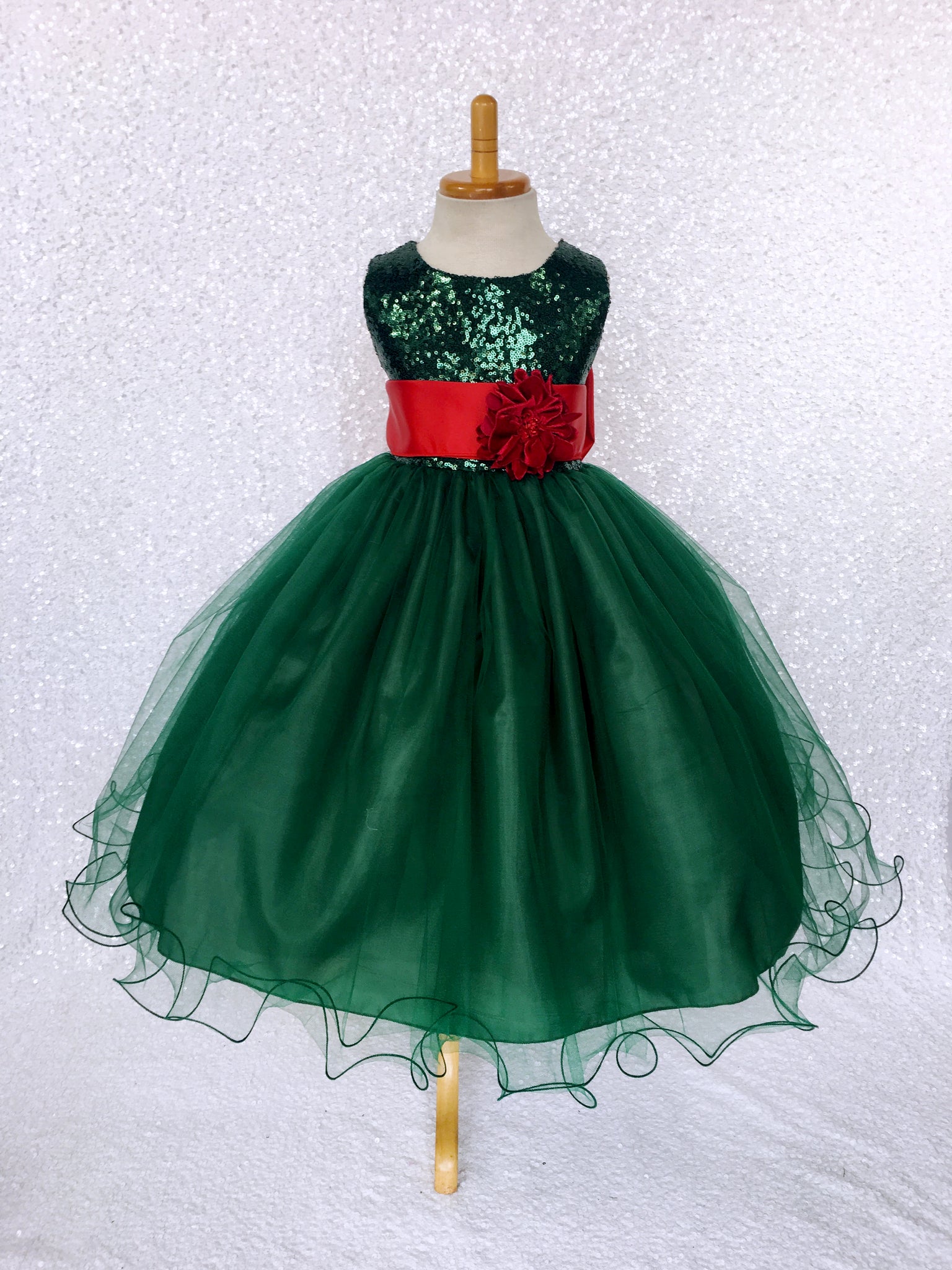 Hunter Green Sequence 2 Layer Tulle Dress Olive Satin Sash Velvet Flower