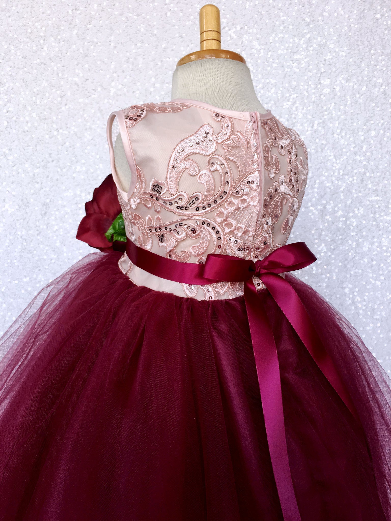 Rose Gold Embroidery 2 Layer Tulle Burgundy Sleeveless Dress