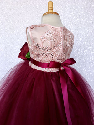 Rose Gold Embroidery 2 Layer Tulle Burgundy Sleeveless Dress