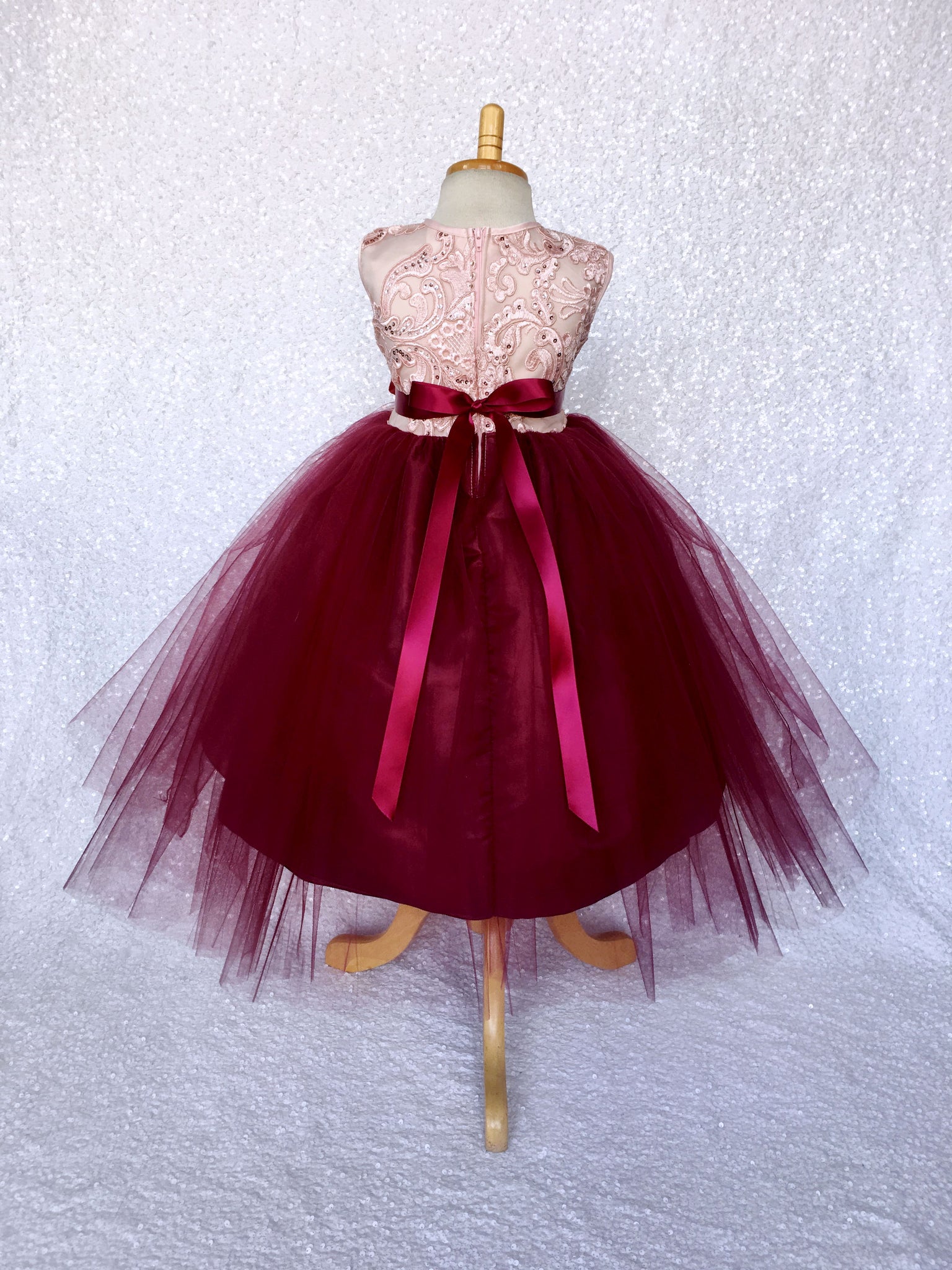 Rose Gold Embroidery 2 Layer Tulle Burgundy Sleeveless Dress