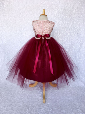 Rose Gold Embroidery 2 Layer Tulle Burgundy Sleeveless Dress