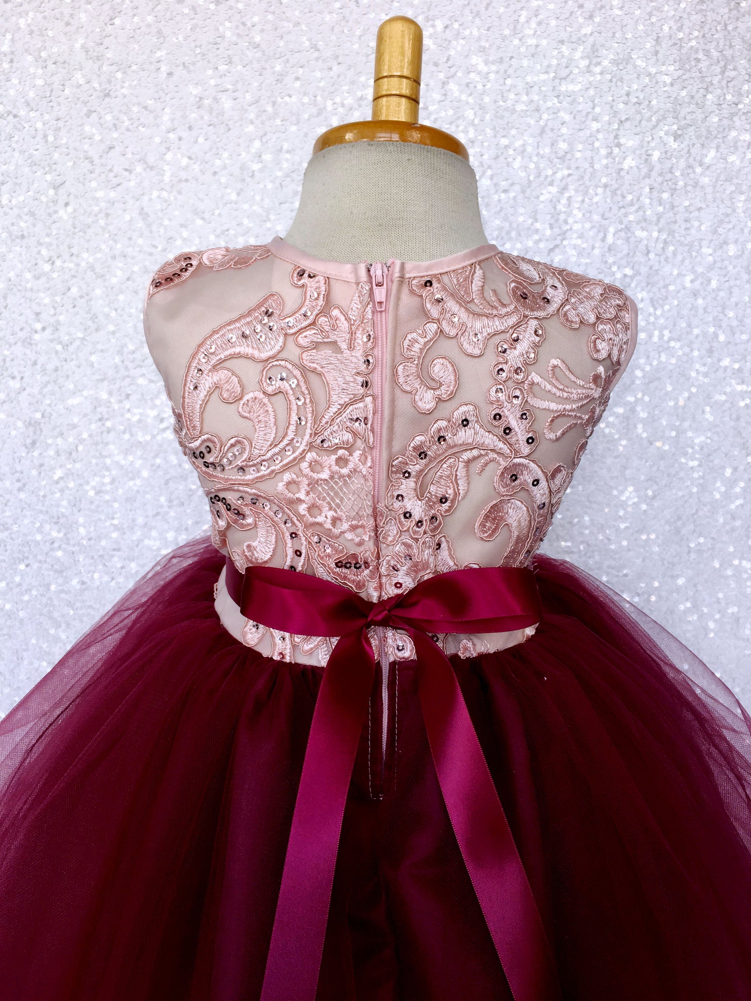 Rose Gold Embroidery 2 Layer Tulle Burgundy Sleeveless Dress