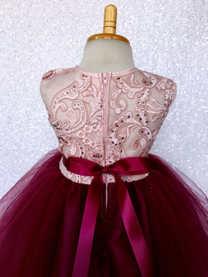 Rose Gold Embroidery 2 Layer Tulle Burgundy Sleeveless Dress