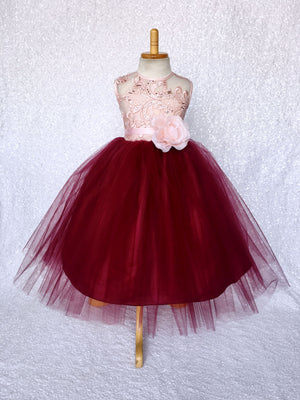 Rose Gold Embroidery 2 Layer Tulle Burgundy Sleeveless Dress