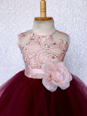 Rose Gold Embroidery 2 Layer Tulle Burgundy Sleeveless Dress