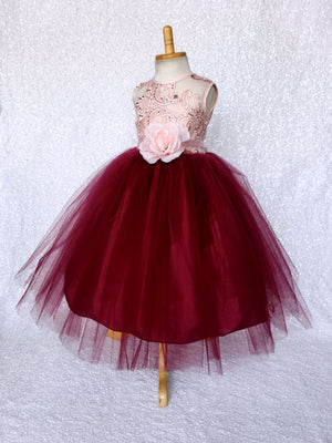 Rose Gold Embroidery 2 Layer Tulle Burgundy Sleeveless Dress