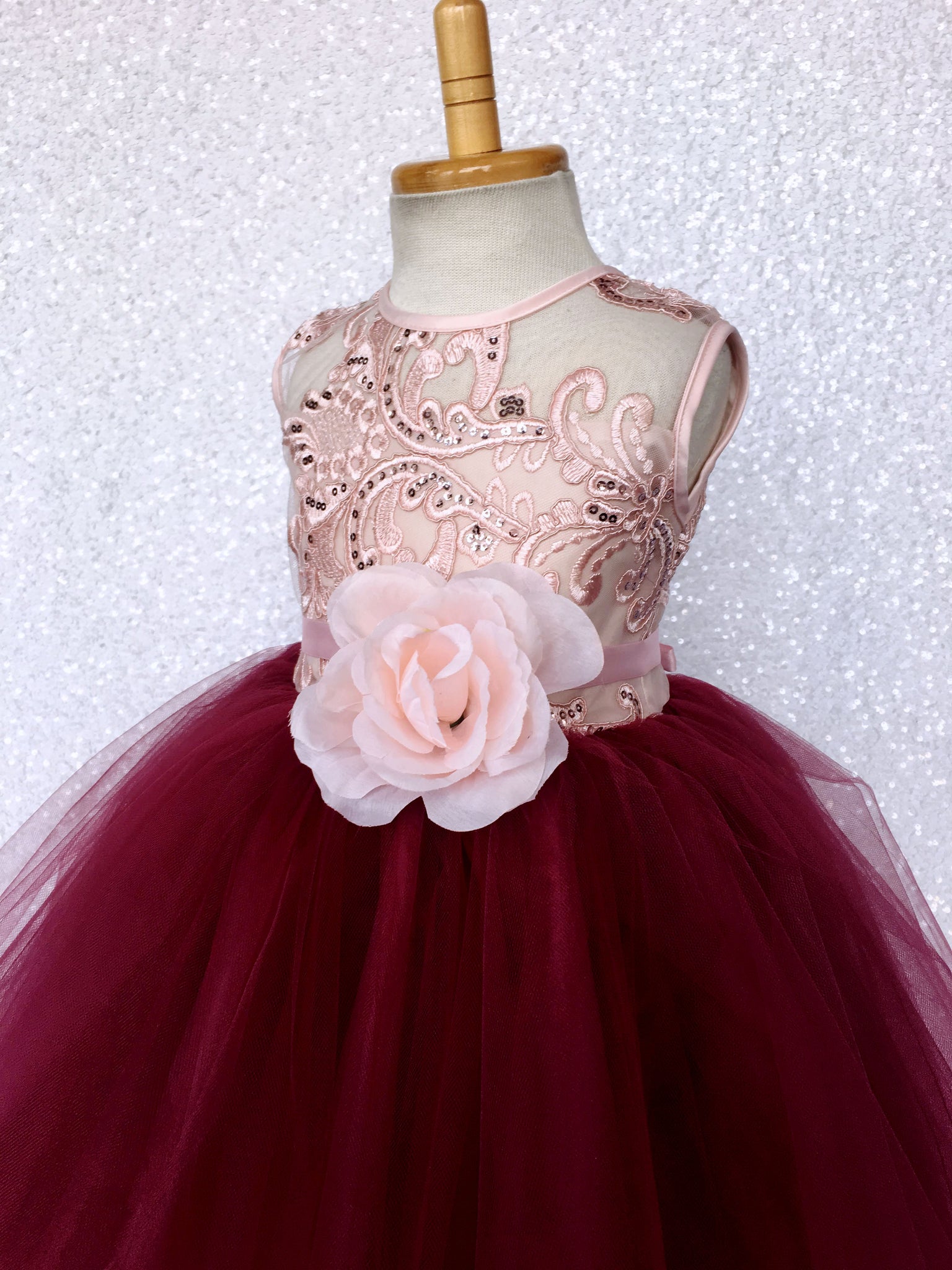 Rose Gold Embroidery 2 Layer Tulle Burgundy Sleeveless Dress