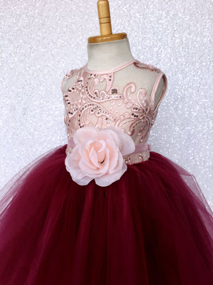 Rose Gold Embroidery 2 Layer Tulle Burgundy Sleeveless Dress