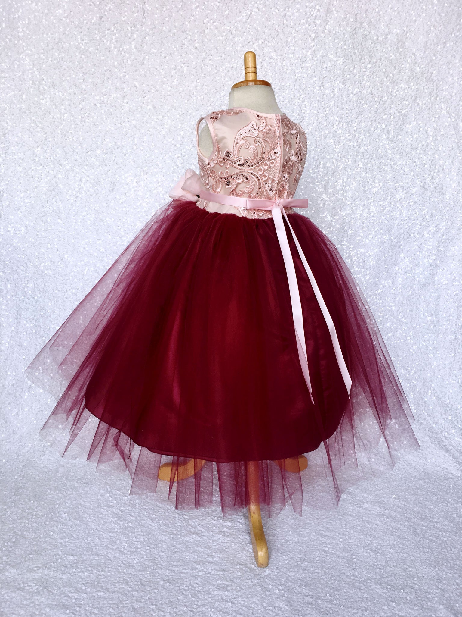 Rose Gold Embroidery 2 Layer Tulle Burgundy Sleeveless Dress