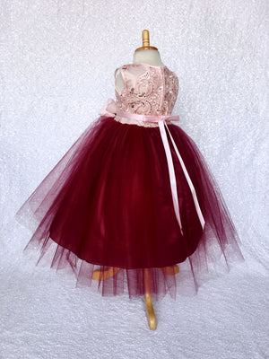 Rose Gold Embroidery 2 Layer Tulle Burgundy Sleeveless Dress