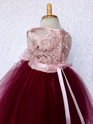 Rose Gold Embroidery 2 Layer Tulle Burgundy Sleeveless Dress