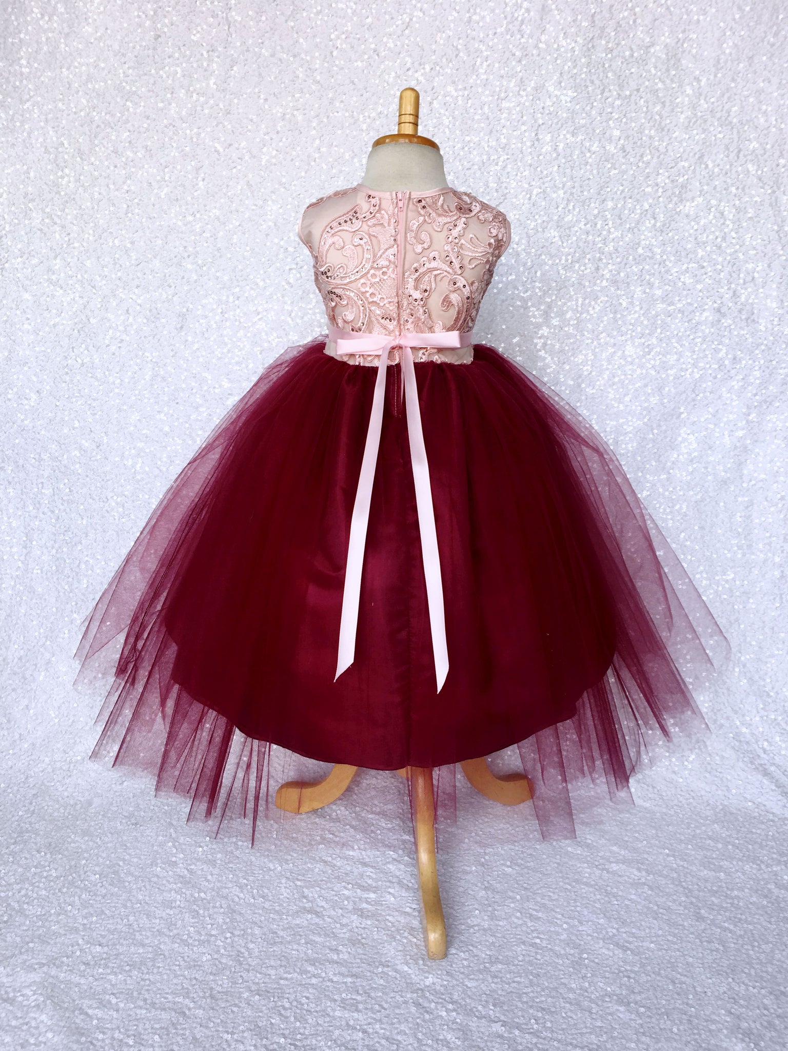 Rose Gold Embroidery 2 Layer Tulle Burgundy Sleeveless Dress