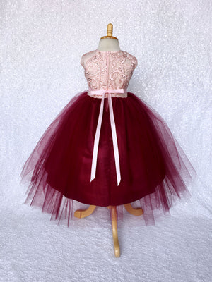 Rose Gold Embroidery 2 Layer Tulle Burgundy Sleeveless Dress