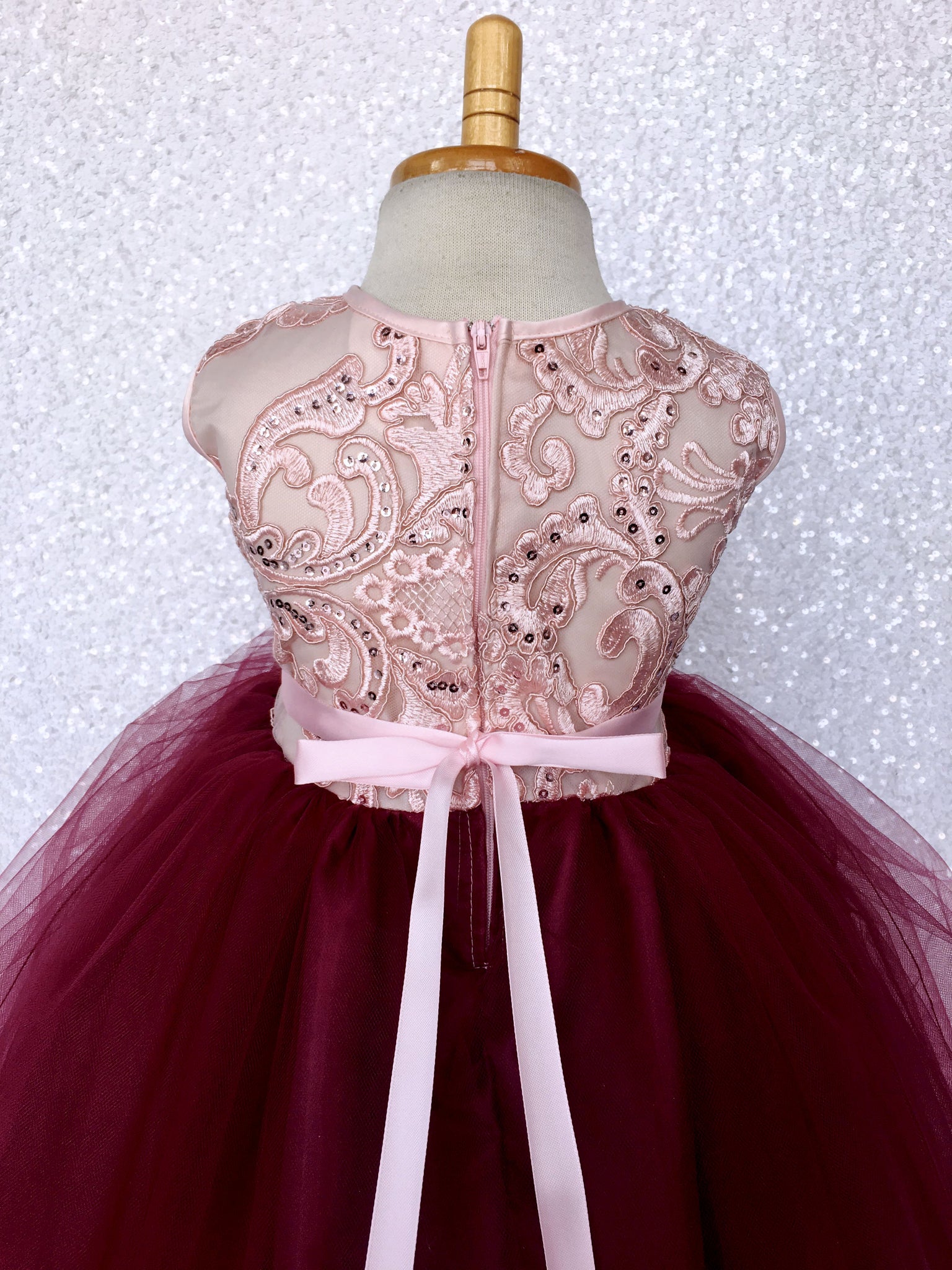 Rose Gold Embroidery 2 Layer Tulle Burgundy Sleeveless Dress