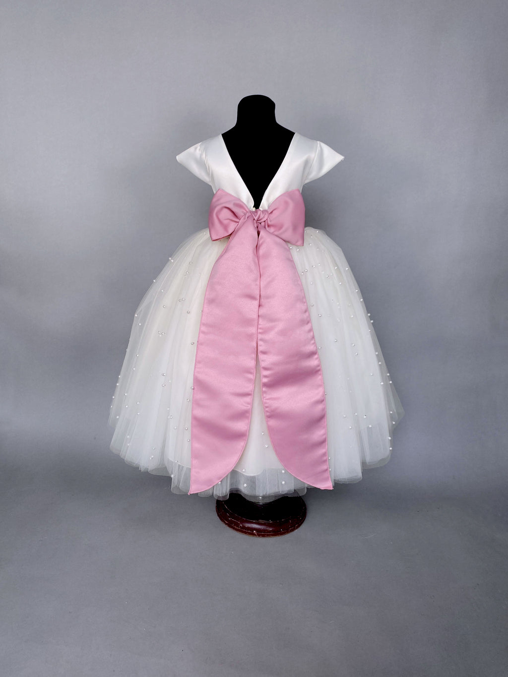 V-Back Ivory 4 Layer Pearl Tulle Cap Sleeve Dress Dusty Rose Sash