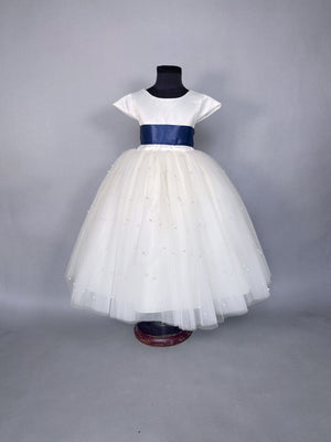 V-Back Ivory 4 Layer Pearl Tulle Cap Sleeve Dress Navy Blue Sash