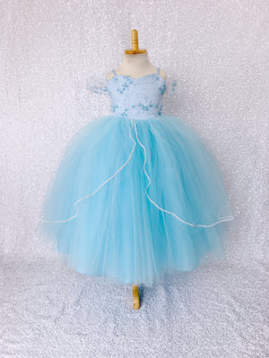 Baby Blue 5 Layer Tulle Princess Floral Spaghetti Strap Dress