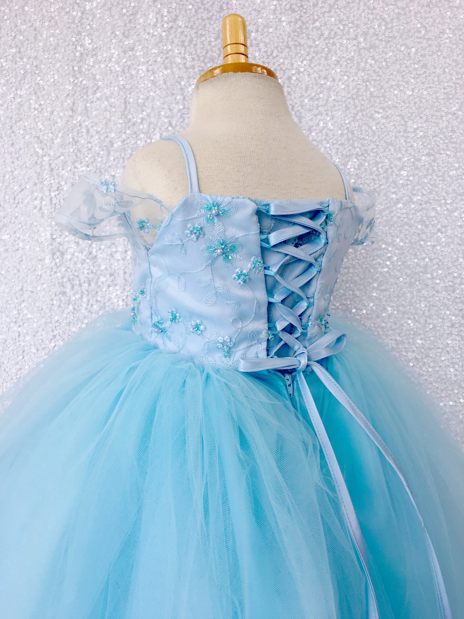 Baby Blue 5 Layer Tulle Princess Floral Spaghetti Strap Dress