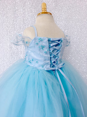 Baby Blue 5 Layer Tulle Princess Floral Spaghetti Strap Dress