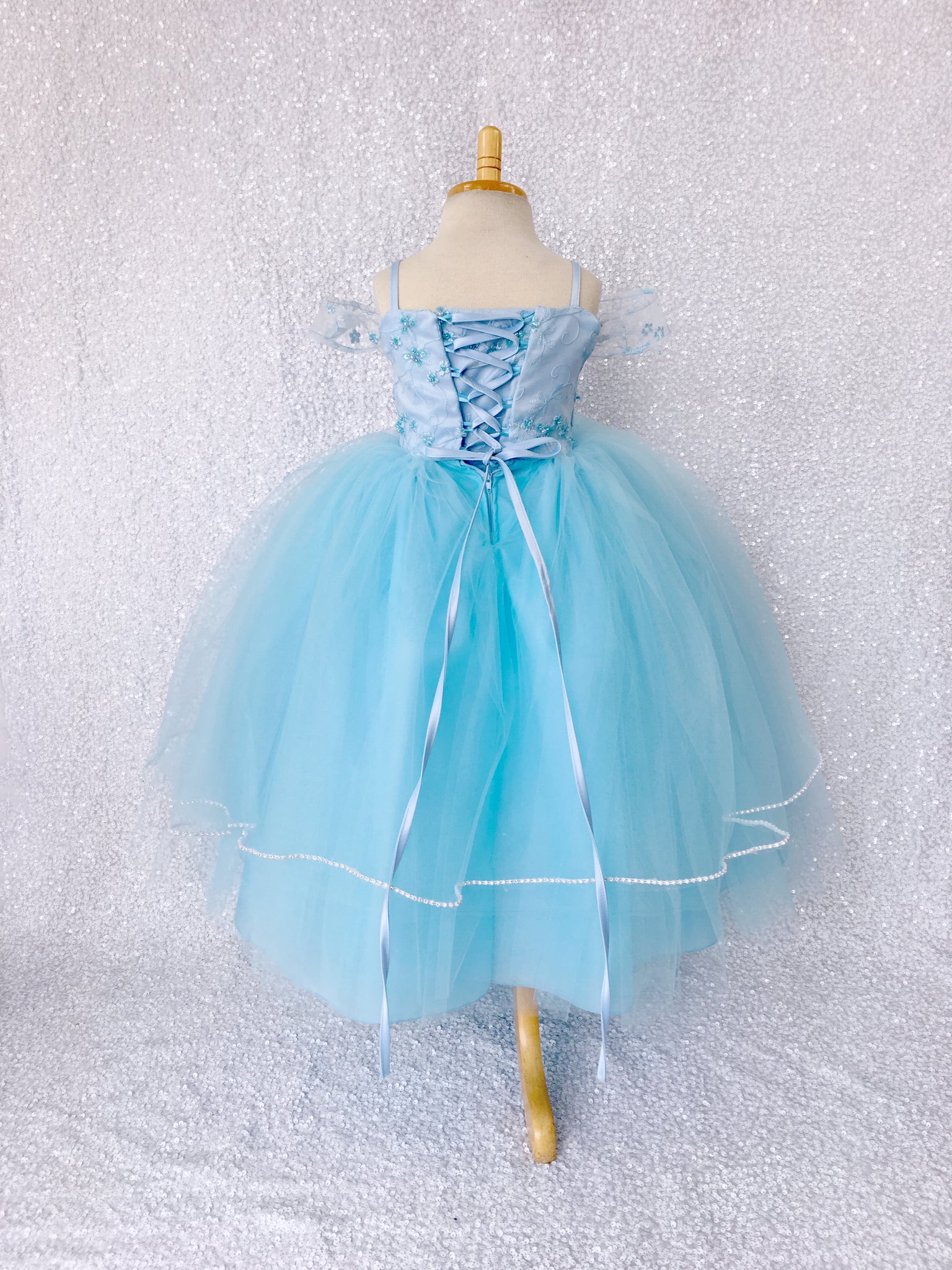 Baby Blue 5 Layer Tulle Princess Floral Spaghetti Strap Dress