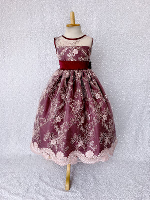 Sleeveless Floral Red Mesh Embroidery Rose Gold Sequin Bow Gown
