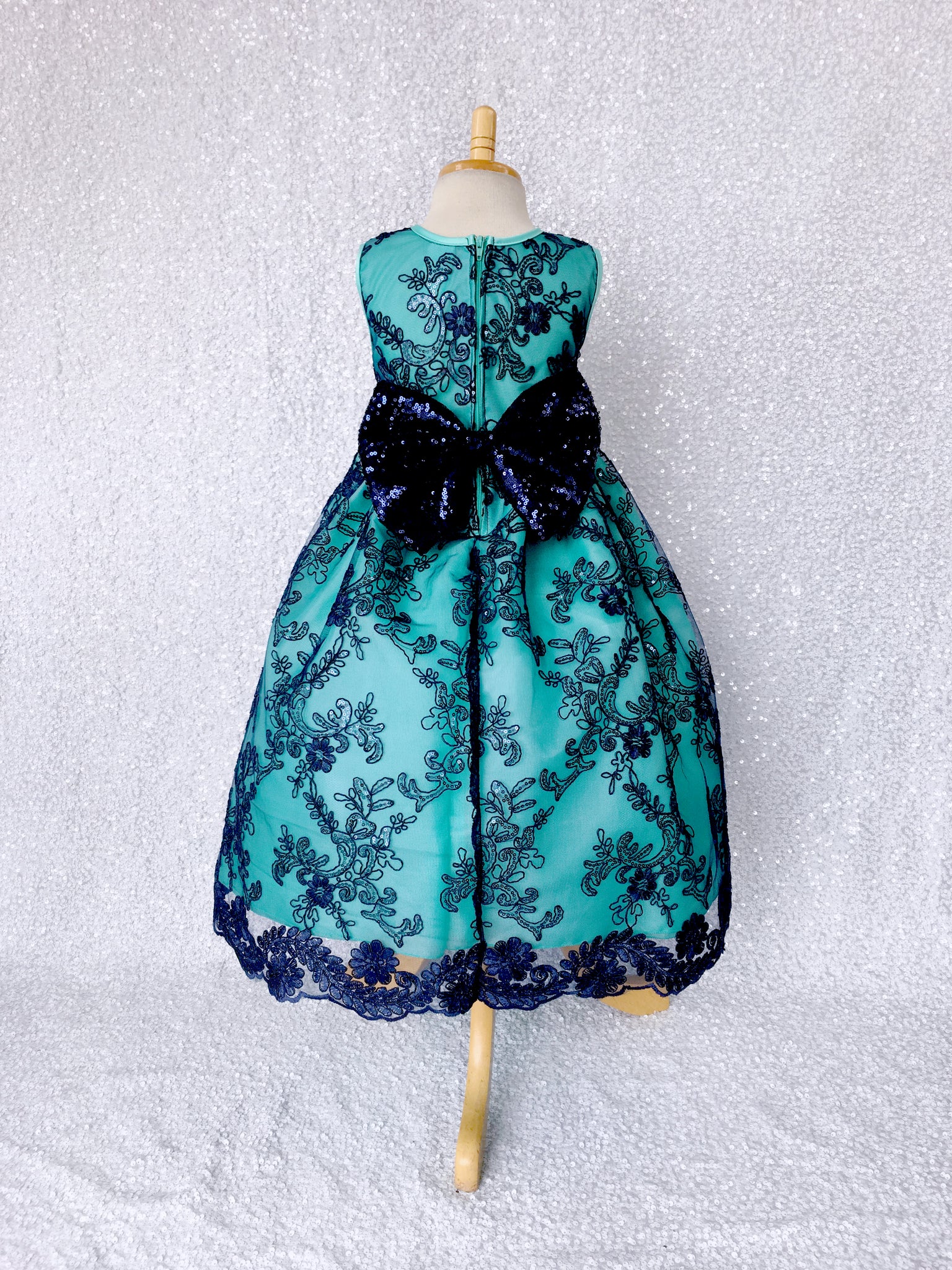 Aqua Navy Sleeveless Embroidery Floral Sequence Bow Gown