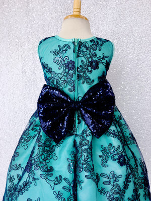 Aqua Navy Sleeveless Embroidery Floral Sequence Bow Gown