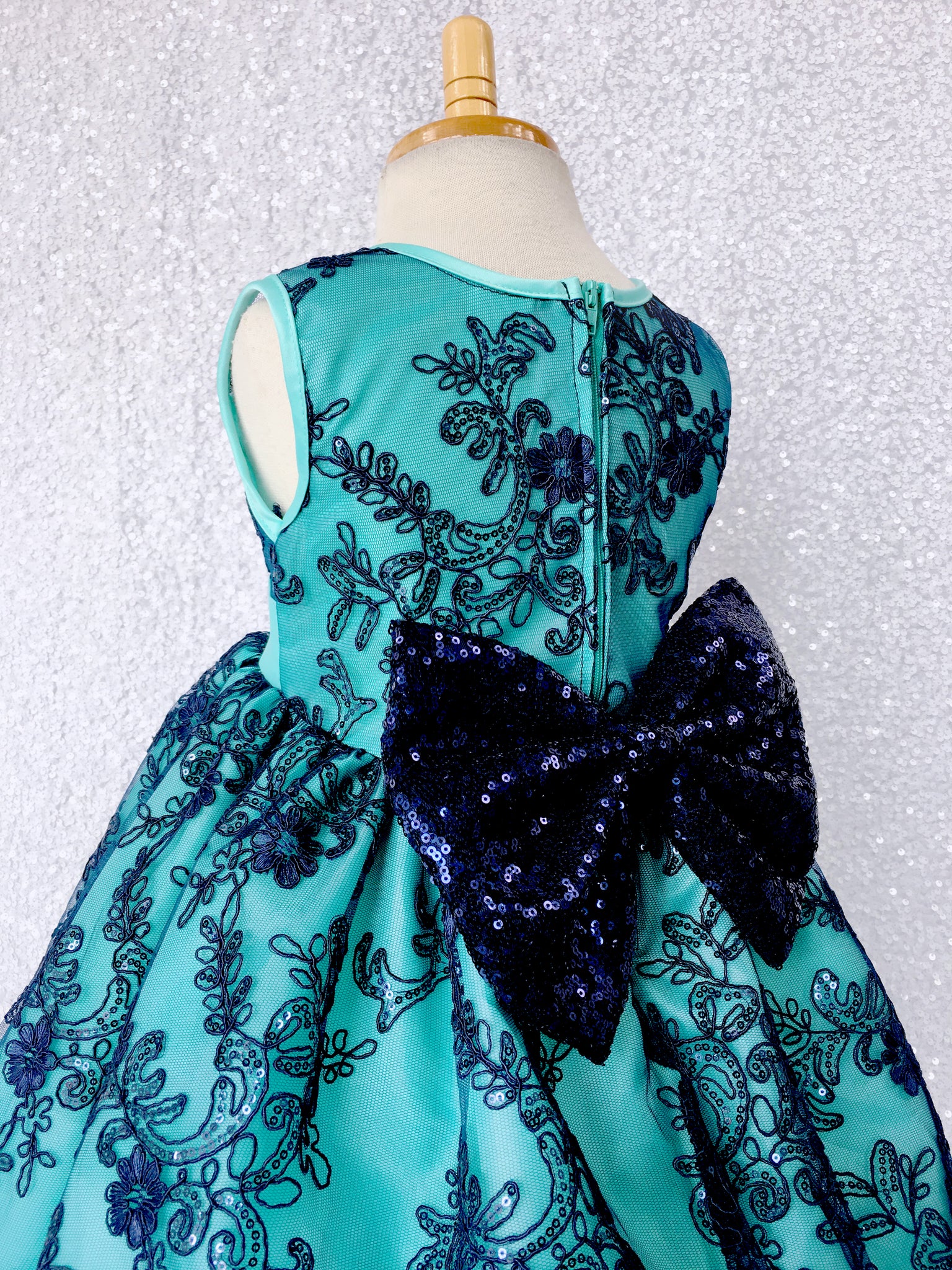 Aqua Navy Sleeveless Embroidery Floral Sequence Bow Gown