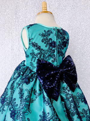 Aqua Navy Sleeveless Embroidery Floral Sequence Bow Gown
