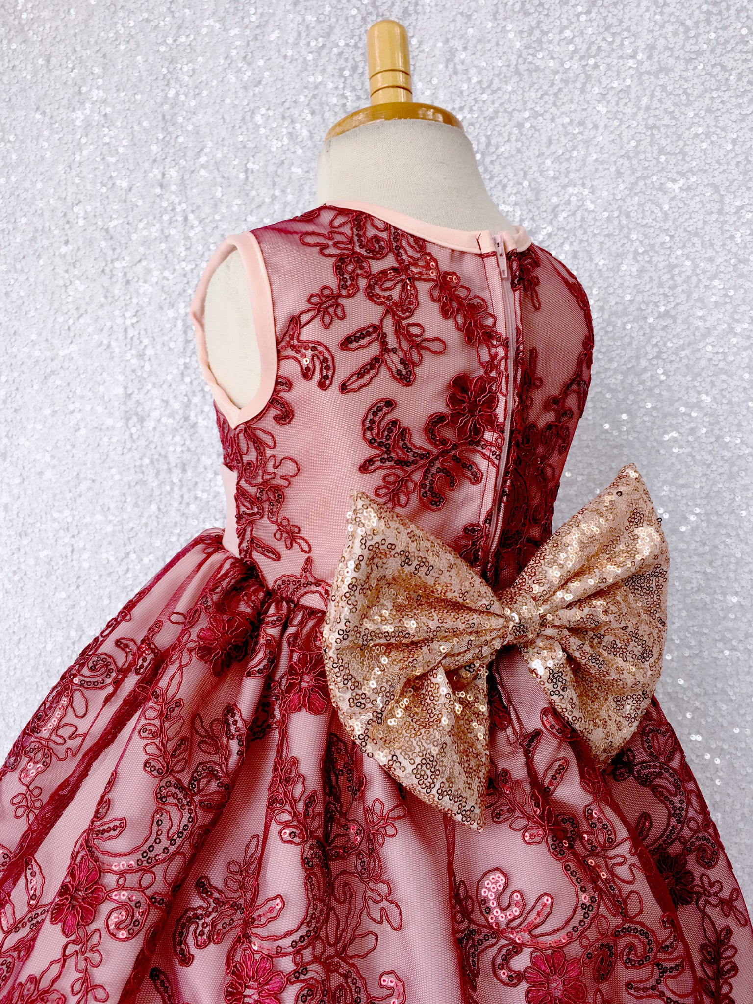 Sleeveless Floral Red Mesh Embroidery Rose Gold Sequin Bow Gown
