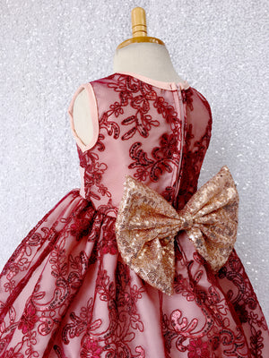 Sleeveless Floral Red Mesh Embroidery Rose Gold Sequin Bow Gown