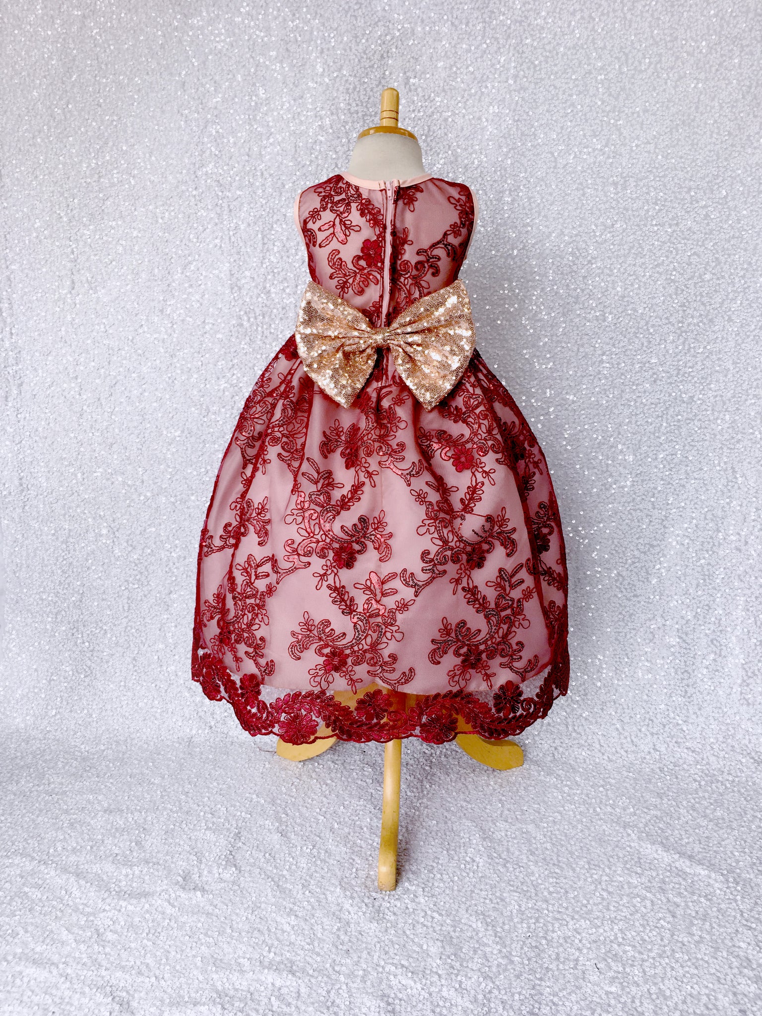 Sleeveless Floral Red Mesh Embroidery Rose Gold Sequin Bow Gown