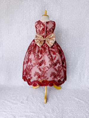 Sleeveless Floral Red Mesh Embroidery Rose Gold Sequin Bow Gown