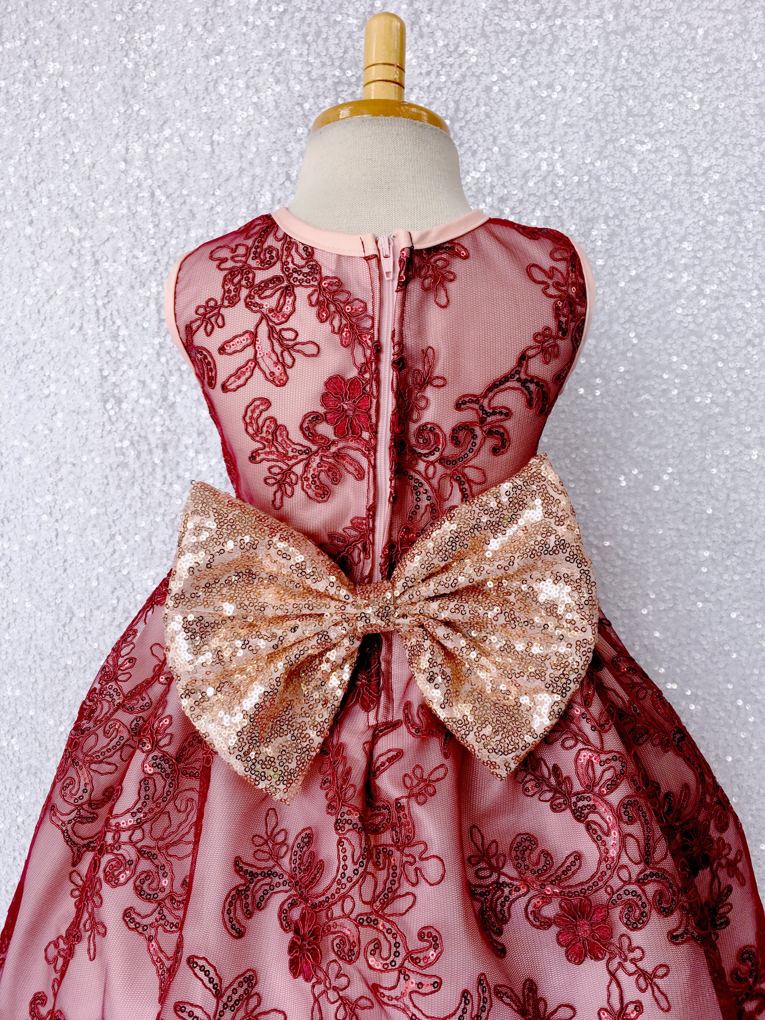 Sleeveless Floral Red Mesh Embroidery Rose Gold Sequin Bow Gown