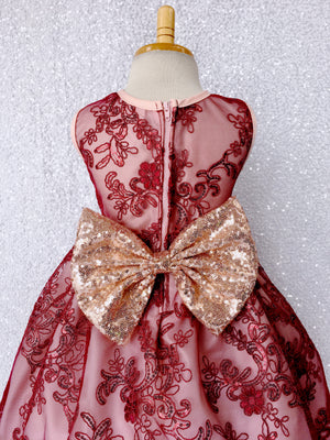 Sleeveless Floral Red Mesh Embroidery Rose Gold Sequin Bow Gown