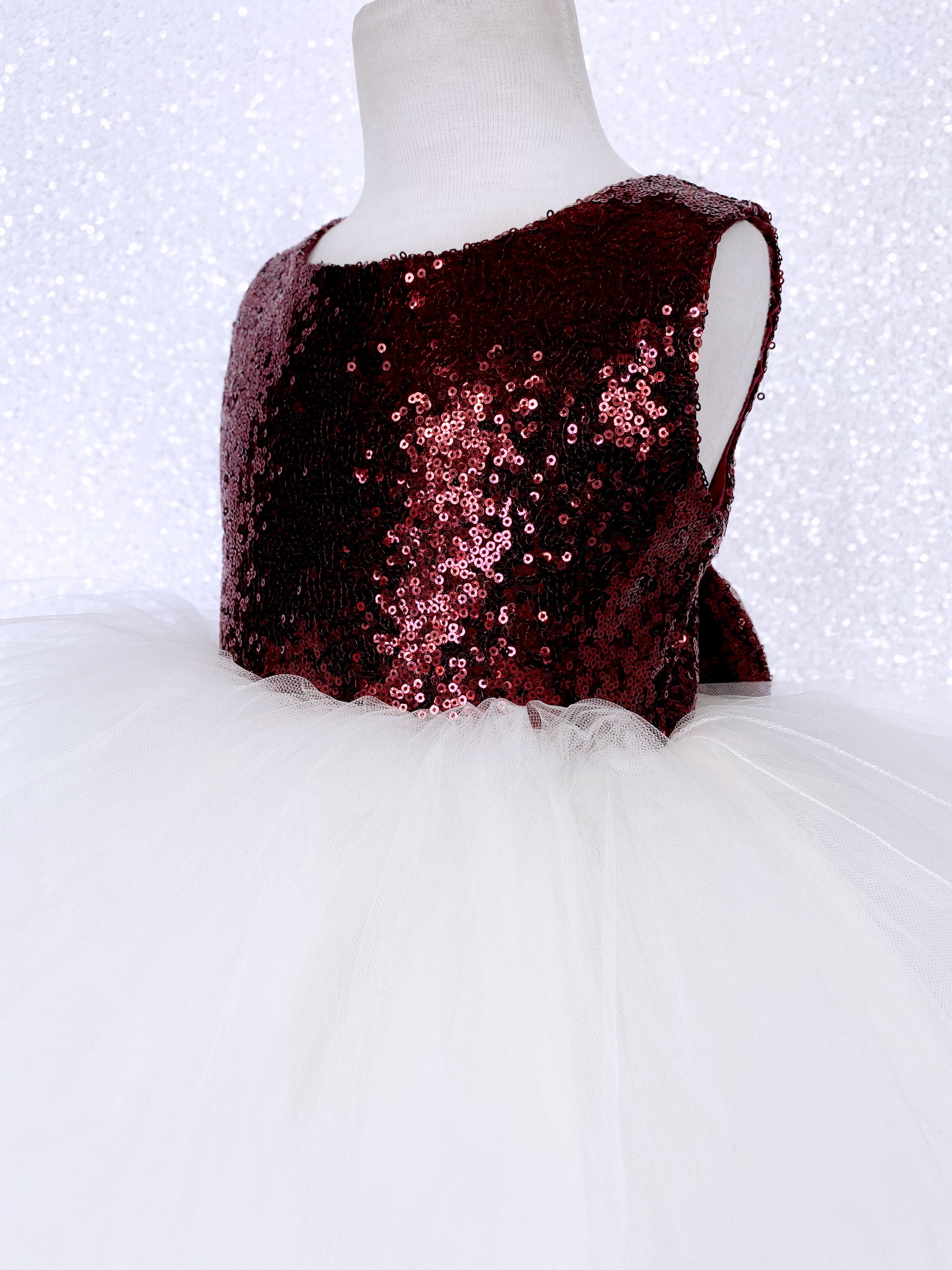 Burgundy Sequence Ivory Hi Low Tulle Dress