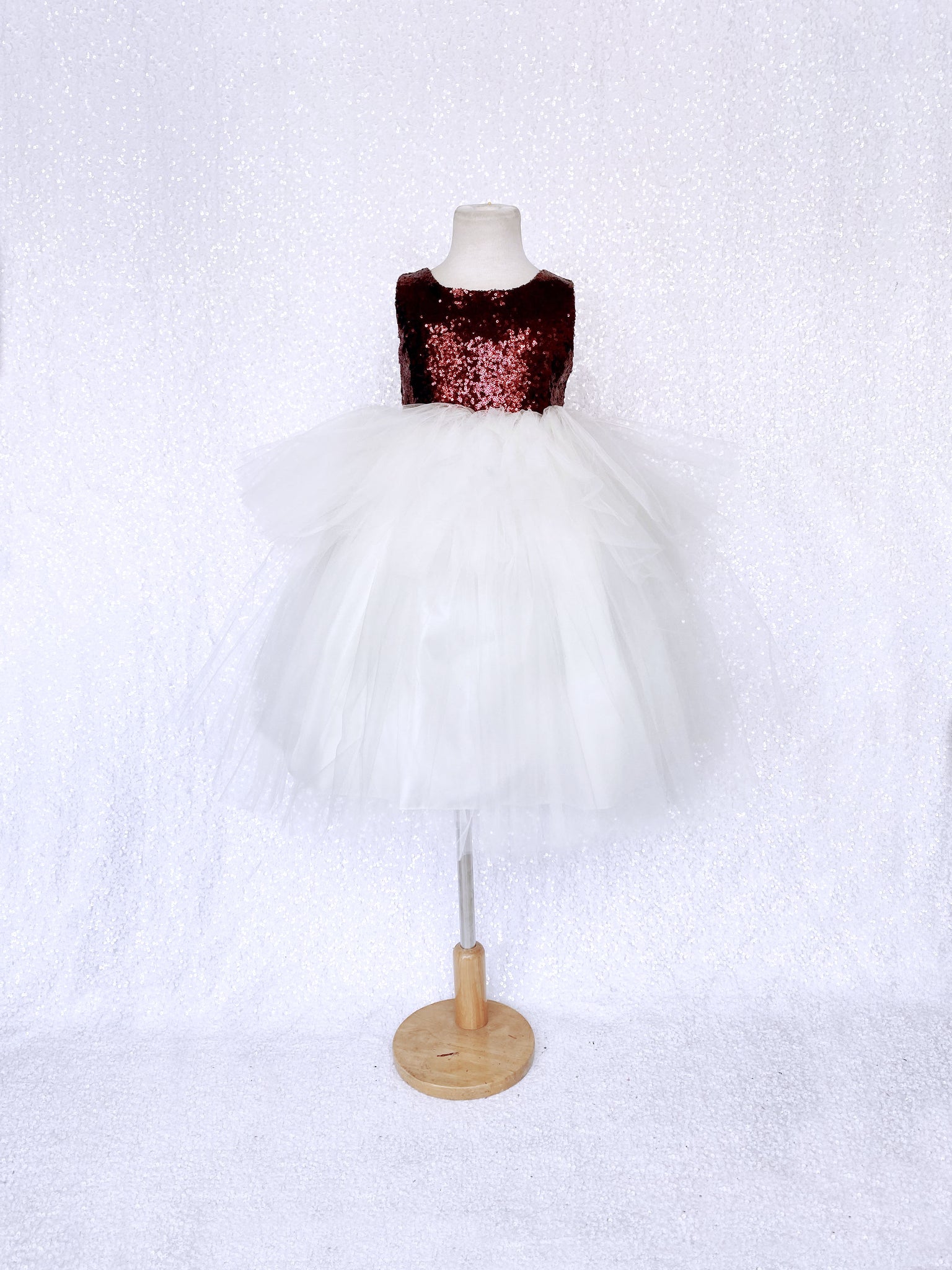 Burgundy Sequence Ivory Hi Low Tulle Dress
