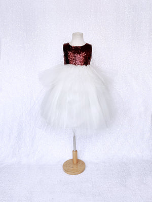 Burgundy Sequence Ivory Hi Low Tulle Dress