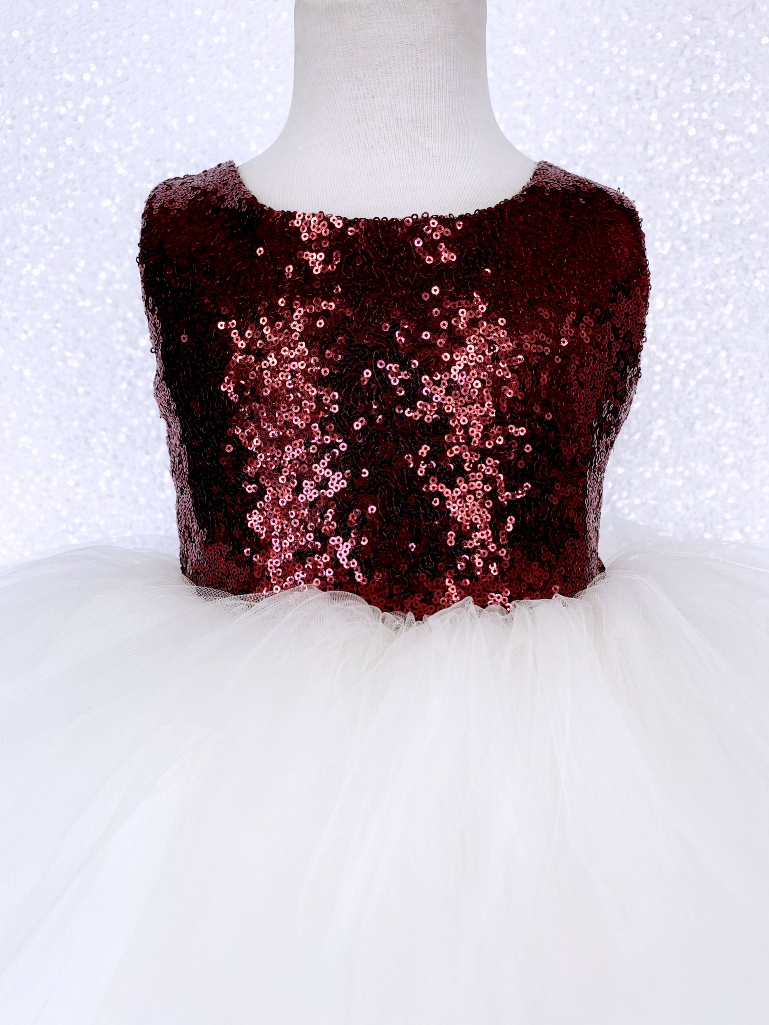Burgundy Sequence Ivory Hi Low Tulle Dress
