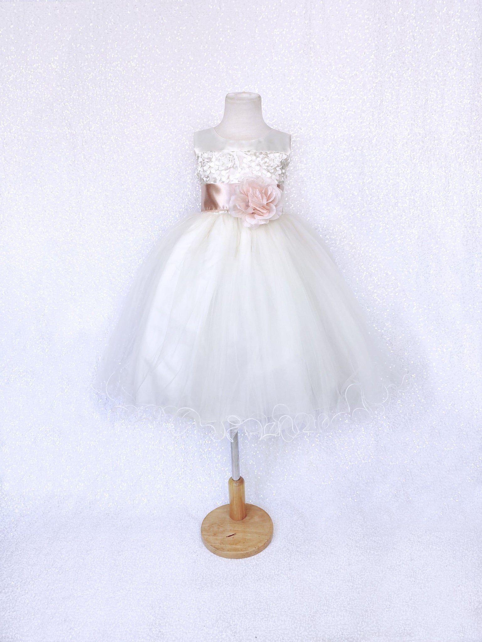 Sleeveless V-Back Carnation FL Ivory 2 Layer Tulle Dress Baby Blue Sash Flower