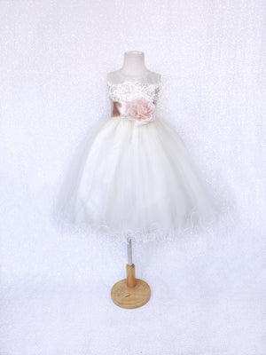 Sleeveless V-Back Carnation FL Ivory 2 Layer Tulle Dress Baby Blue Sash Flower