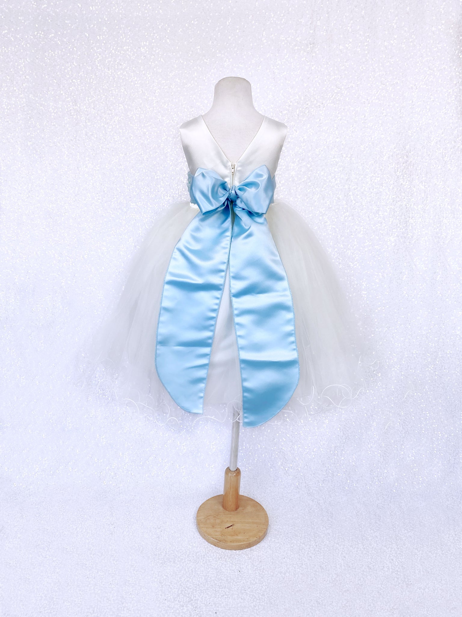 Sleeveless V-Back Carnation FL Ivory 2 Layer Tulle Dress Baby Blue Sash Flower