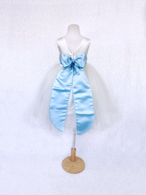 Sleeveless V-Back Carnation FL Ivory 2 Layer Tulle Dress Baby Blue Sash Flower