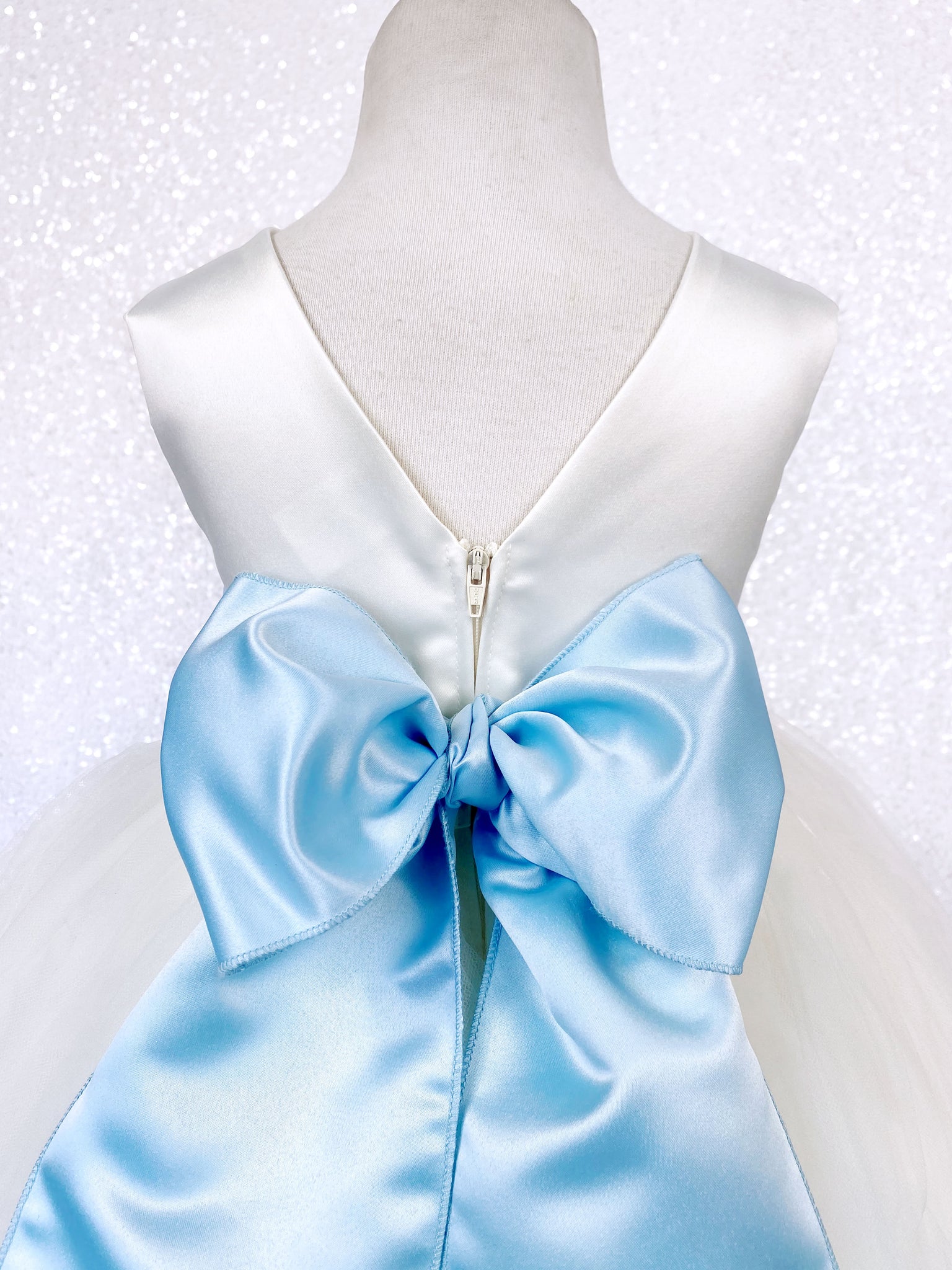 Sleeveless V-Back Carnation FL Ivory 2 Layer Tulle Dress Baby Blue Sash Flower