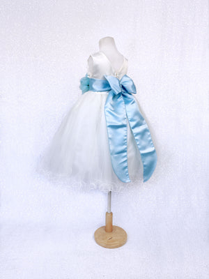 Sleeveless V-Back Carnation FL Ivory 2 Layer Tulle Dress Baby Blue Sash Flower
