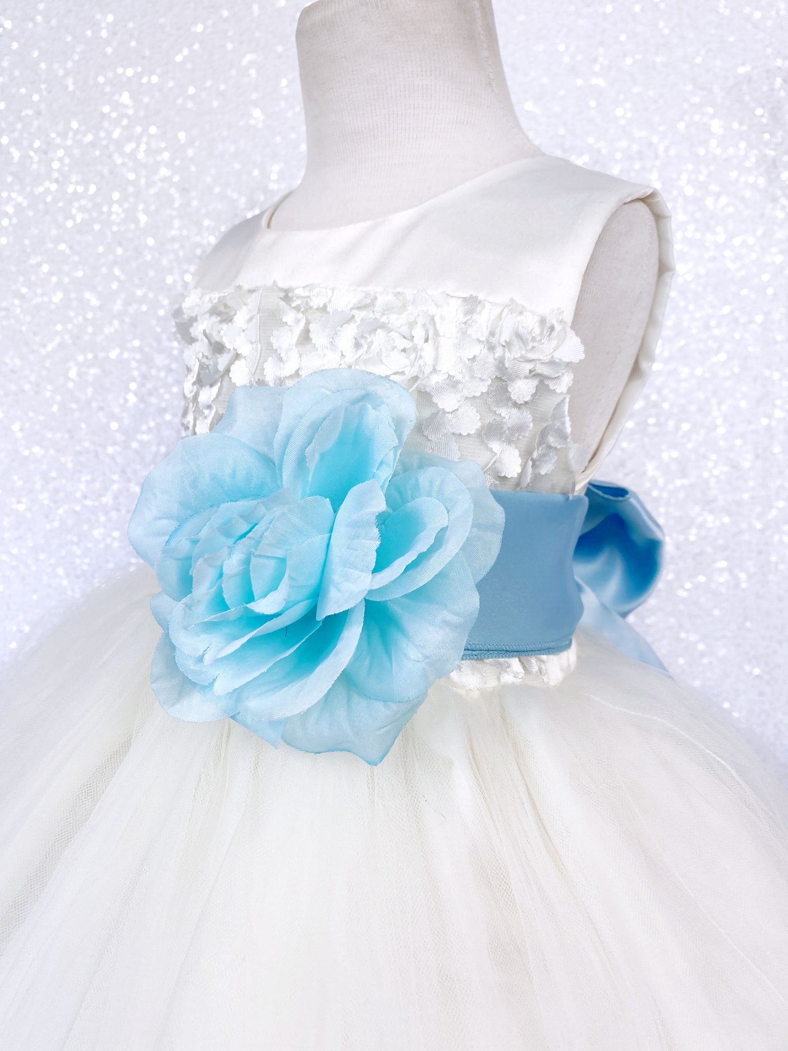 Sleeveless V-Back Carnation FL Ivory 2 Layer Tulle Dress Baby Blue Sash Flower