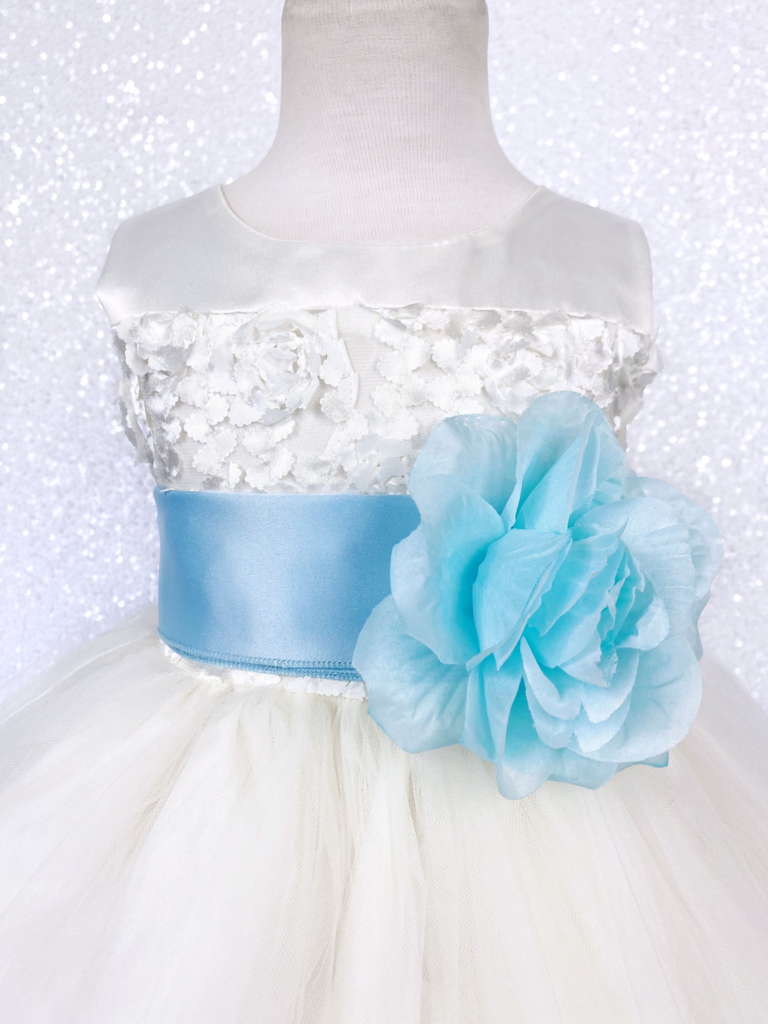 Sleeveless V-Back Carnation FL Ivory 2 Layer Tulle Dress Baby Blue Sash Flower
