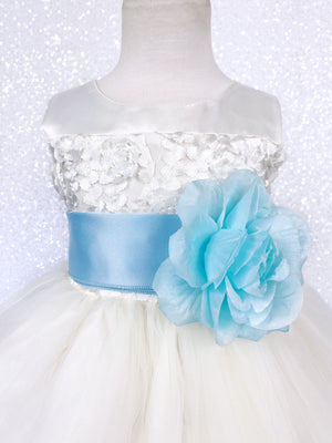Sleeveless V-Back Carnation FL Ivory 2 Layer Tulle Dress Baby Blue Sash Flower